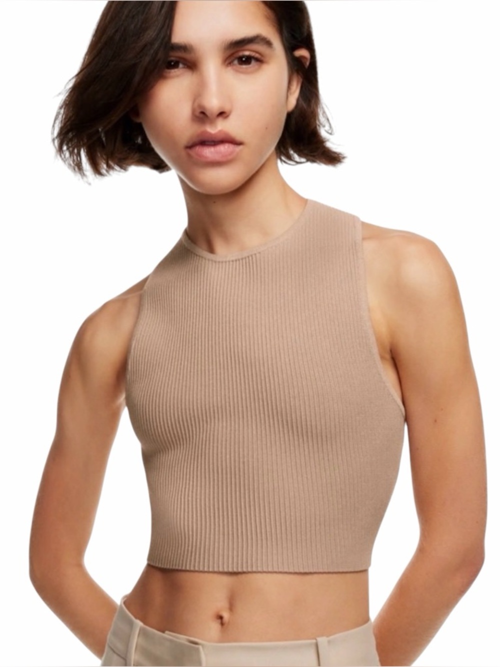 Aritzia Babaton Tan Cropped Sculpt Knit Racer Ribbed Sleeveless Tank size XS
